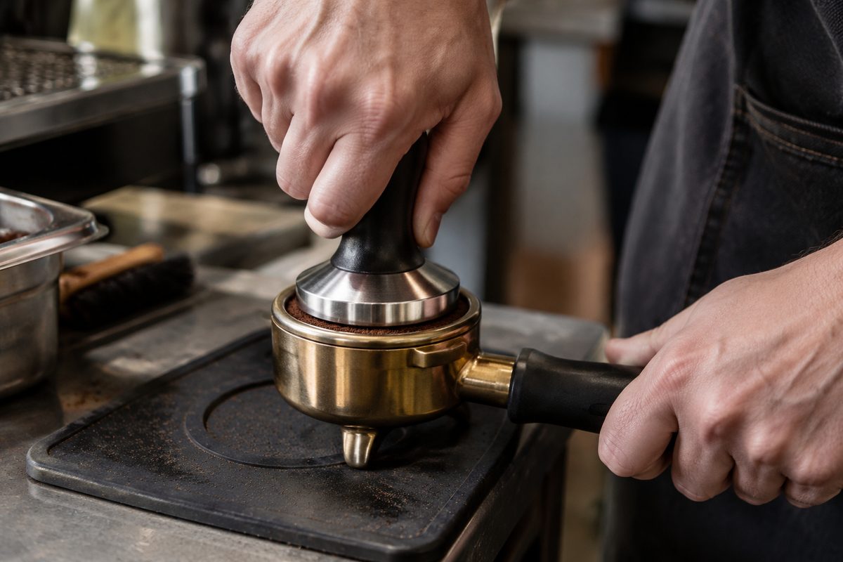 Barista hands leveling and tamping freshly ground coffee into a heavy portafilter basket