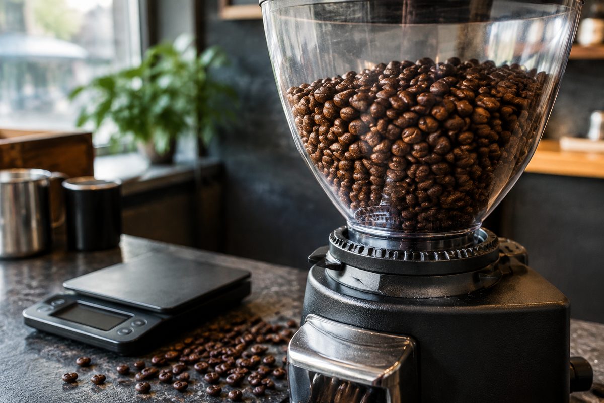 Specialty whole roasted coffee beans in a commercial on-demand grinder hopper