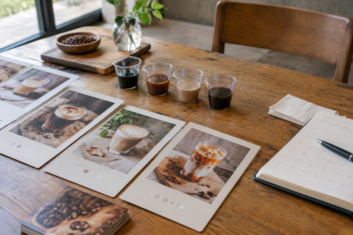 Specialty coffee event tasting cups and menu consultation ledger on a wooden table