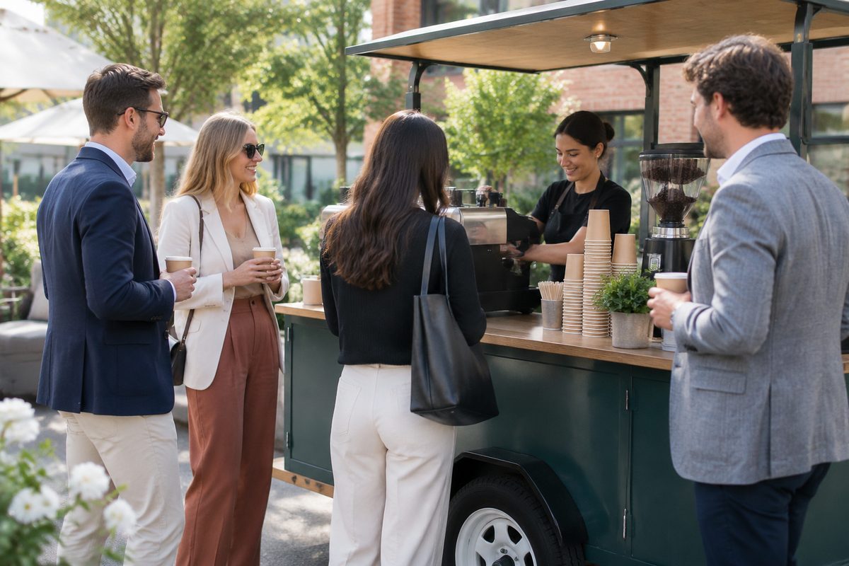 Private event guests holding warm coffee drinks around the mobile espresso cart