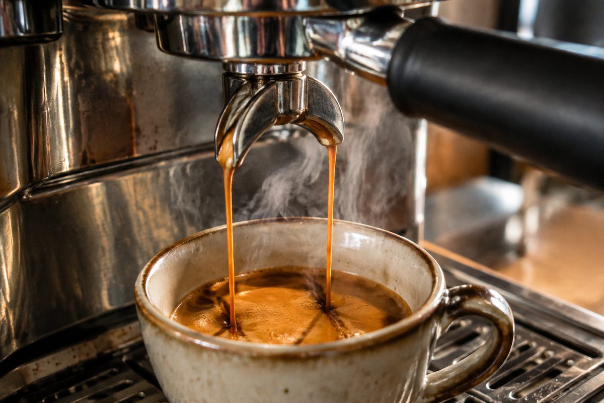 Double espresso shot pouring with rich golden crema from a commercial espresso machine portafilter