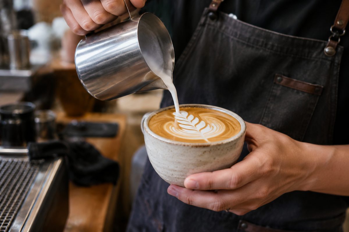 Barista pouring a rosetta pattern into a freshly brewed latte with steamed microfoam