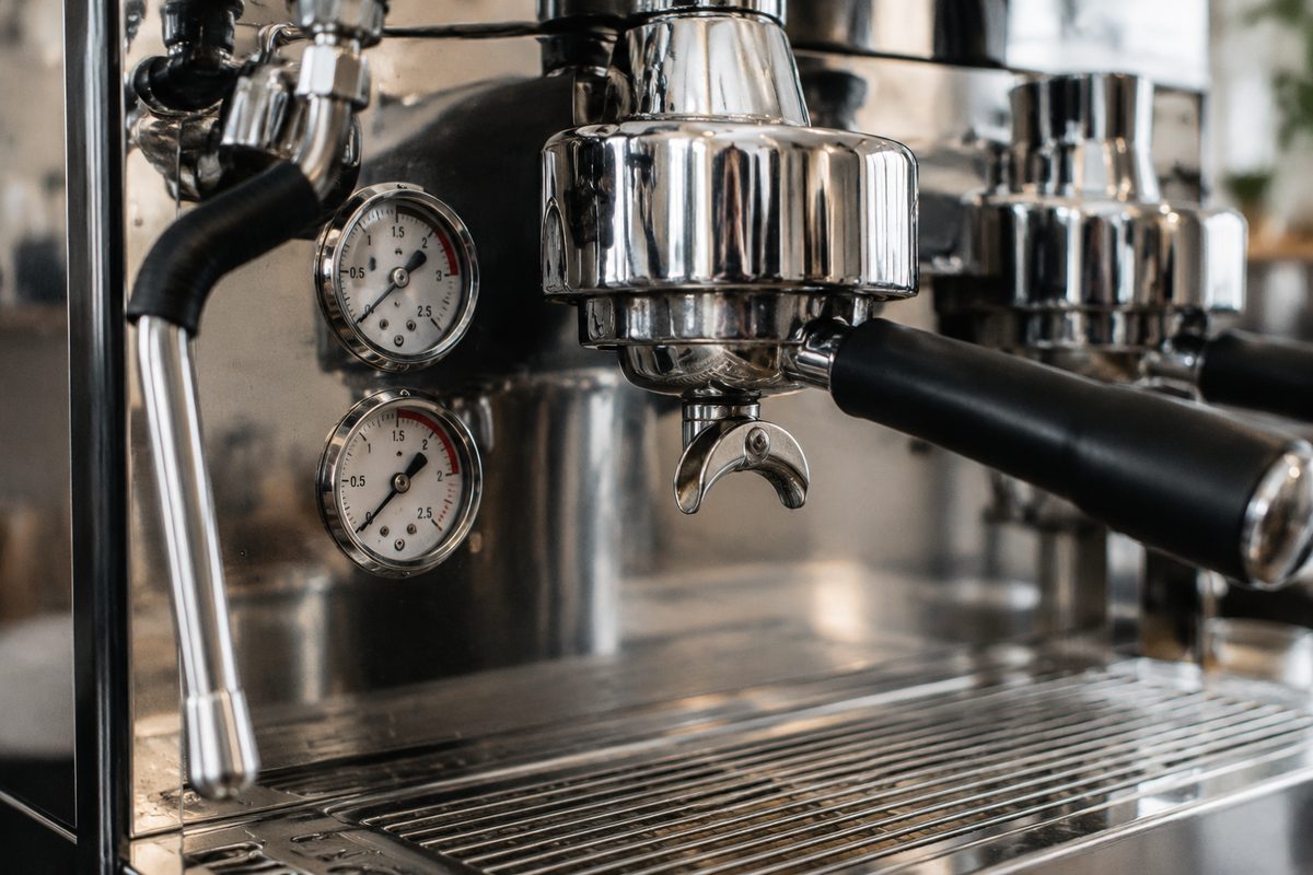 Commercial dual-boiler espresso machine group head and dual pressure dial gauges