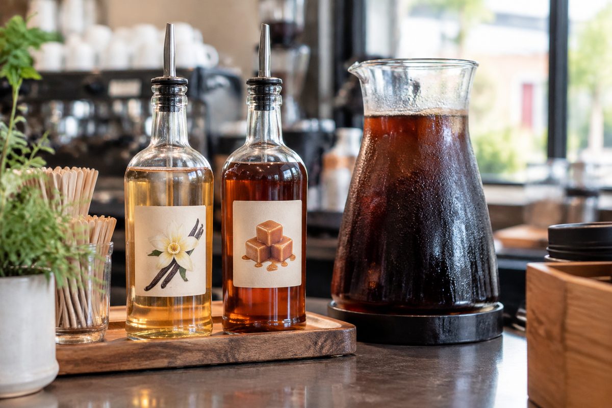 Handcrafted syrup bottles and chilled cold brew carafe on the event espresso bar